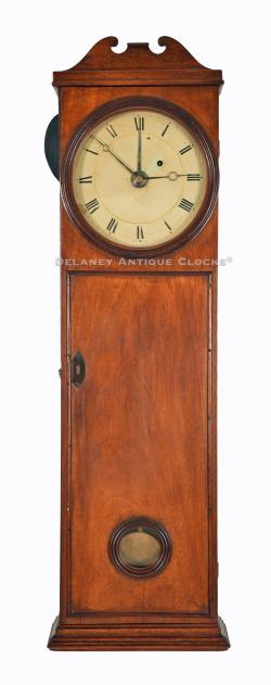 Rare Elnathan Taber Mahogany case Coffin Clock. This model features a time and an alarm movement and was made in May 1817. 222097.