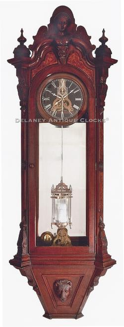 Louis Bernhard. Clockmaker, Watchmaker, Jeweler, Artist and Architect working in Bloomsburg, Pennsylvania. This is a very unusual 30-day duration wall regulator. 219015.