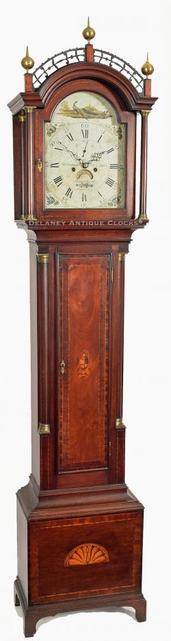 David Wood of Newburyport, Massachusetts. Warranted for Captain E.L. Ames. A cross-banded and inlaid mahogany case tall clock of the finest design. 220042