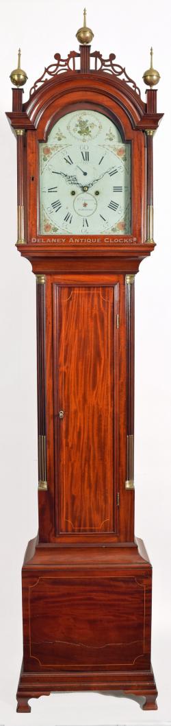 An inlaid mahogany case tall clock made by William Cummens of Roxbury, Massachusetts. 28122.