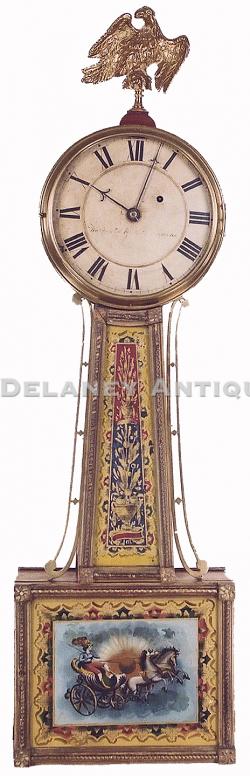 William Cummens of Roxbury, Massachusetts. A mahogany case timepiece having gilded frames. LL-5.