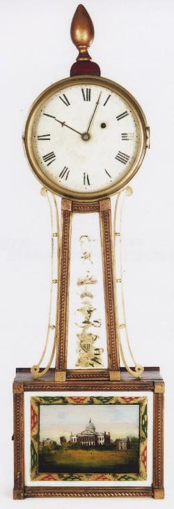 The quintessential Massachusetts Timepiece of Boston origin. This banjo wall clock is unsigned but attributed to the Roxbury Maker, William Cummens. 214106.