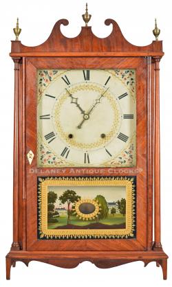 A mahogany case Pillar & Scroll Clock made by Silas Hoadley, Plymouth, Connecticut. 222137.