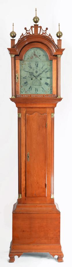 Asahel Cheney of Hartford, CT, Northfield, MA, Putney, Windsor, and Royalton, VT. This fine example was made in Northfield, MA. The Northampton cabinetmaker Julius Barnard is thought to have this case. DD-160.
