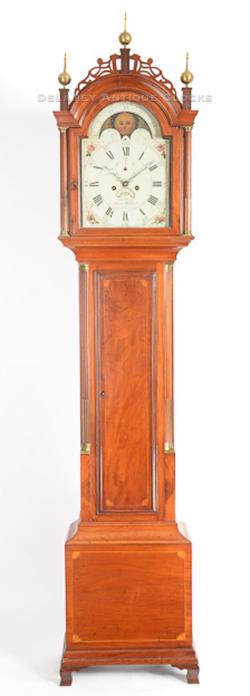 Warranted by Simon Willard for Mr. Samuel Kingsbry. Tall case clock with quarter fan inlays. VV-107.