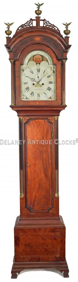 Aaron Willard Boston, MA. A superb inlaid mahogany case tall clock in a historic surface. The cabinet attributed to Major Stephen Badlam Sr. of Dorchester. The painted dial by Boston ornamental artist John Minot. XX-10.