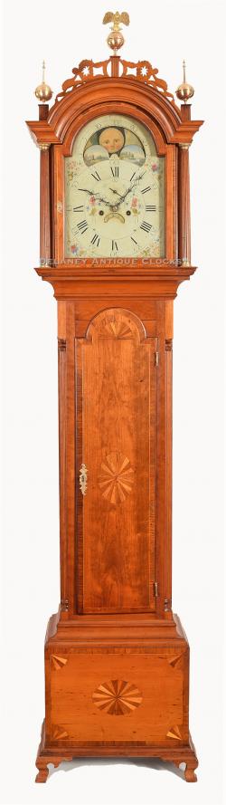 A fantastic tall case clock that is wonderfully decorated with inlays. This case was most likely made in Central, Massachusetts, possibly Sutton. 219096.