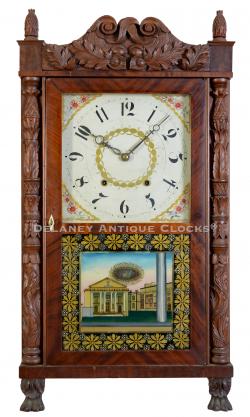 E. Terry & Sons of Plymouth, Connecticut. Carved columns carved splat mantel clock. 221087.