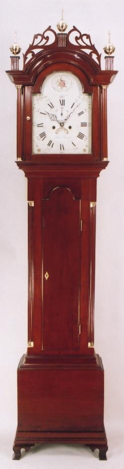 Silas Parsons cherry case tall clock. Swanzey, New Hampshire. 23216.