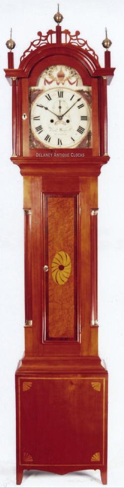 Benjamin Morrill of Boscawen, New Hampshire circa 1810. A colorfully inlaid birch case tall clock. UU-29.