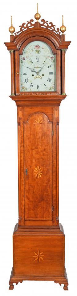 A wonderfully inlaid tall case clock attributed to the Sturbridge, Massachusetts cabinetmaker Oliver Wight. 222148.