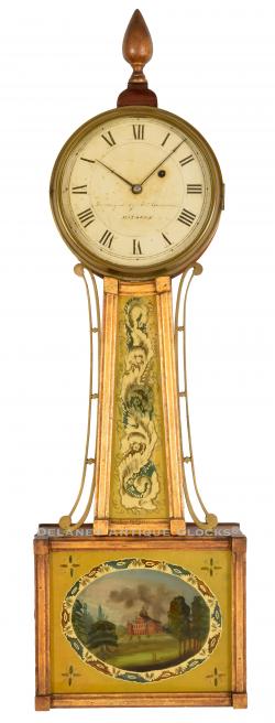 A gilt framed wall timepiece or banjo clock "Warranted by William Cummens." Roxbury, Massachusetts. Boston State House tablet. 223017.