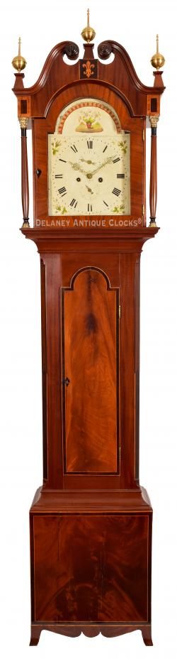 An unsigned, inlaid mahogany tall clock of English origin. TT-174.