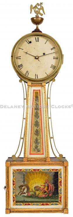 An Aaron Willard Jr. gilt frame wall timepiece or banjo clock made in Boston circa 1820. The dial is numbered “1907” and the lower tablet depicts Helios. 220097.