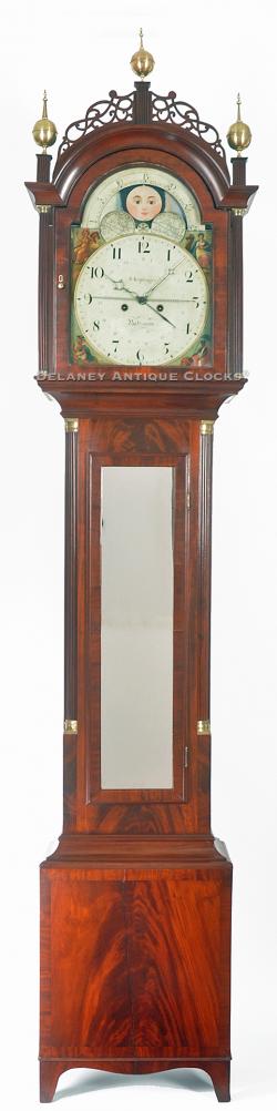 An important Hepplewhite tall case clock with a painted dial signed by “S. Keplinger / Baltimore.” Having a mirror in the waist door. 213159.