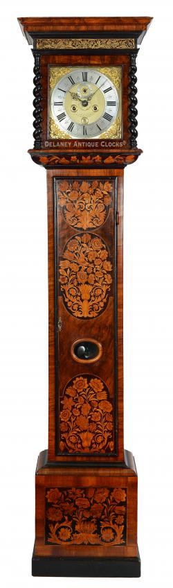 Peter Garon, Londini Fecit. This is a floral marquetry decorated longcase clock. This clock dates to the late 17th century. DDD-12.