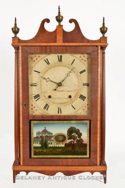 Samuel Hickcox Pillar & Scroll Clock made in Humphreysville, Connecticut. A colonial mantel clock. 218123.