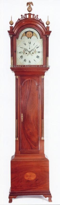 This is a very good example of an inlaid mahogany case tall clock made in the Boston area of Massachusetts circa 1795. 217085.