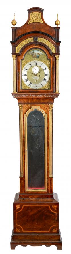 James Fenton, London. Here is a George III inlaid mahogany tall case clock with an arched dial and automated rocking ship display. 223333.