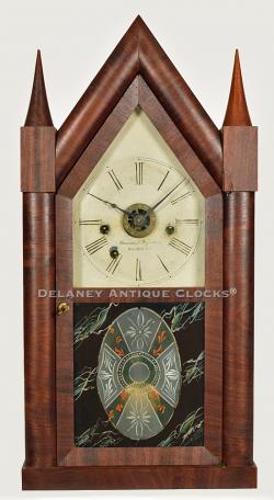 Brewster & Ingrahams of Bristol, Connecticut. U.S. Fusee 30-hour time, strike and alarm mahogany cased steeple clock. ZZ37