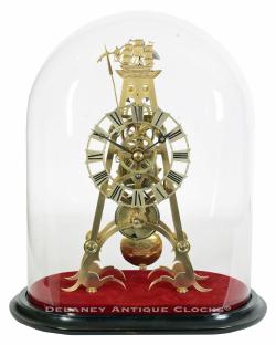 Thomas Wedge, York, England. This English-made Time-only Skeleton Clock is a unique piece adorned with nautically themed engravings that set it apart from other examples. 222044.