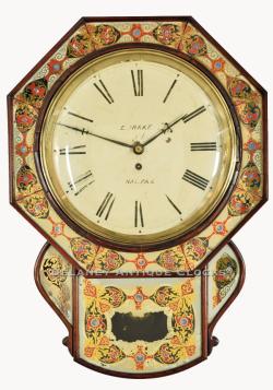 English fusee powered wall clock. An exceptional example featuring eglomise-decorated panels. 219091.