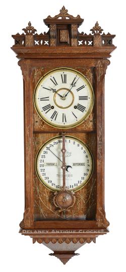 Ithaca Calendar Clock Co. Model Number 5.5 Hanging Belgrade. 8-day, time, strike, and calendar wall clock. 224117.