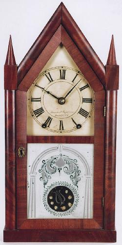 Brewster & Ingrahams of Bristol, CT. A 30-hour “Thin case” Steeple or Sharp Gothic mantel Clock. TT-156.