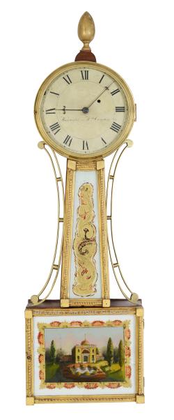 A gilt framed wall timepiece or banjo clock Warranted by William Cummens. Roxbury, Massachusetts. EEE-17.