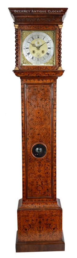 William Stokes Feict. An early 18th-century London walnut longcase clock, embellished with fine arabesque marquetry. It features a 90-day movement designed to run for three months before rewinding, a rare and impressive feature. YY-14.