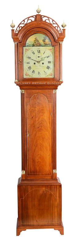 An inlaid mahogany Tall Case Clock with a painted dial signed John Bailey, Hanover. This fine example features an automated rocking ship dial. EEE-10.